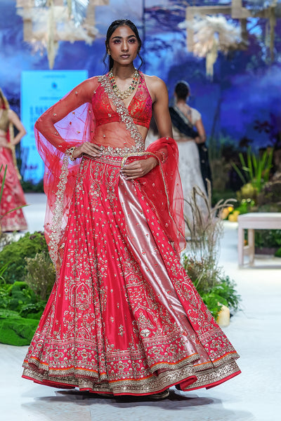 Red Brocade Blouse, Red Silk Dupion Emb. Lehenga With Crino & Red Net Emb. Veil ( Blouse-06, Fb-03/leh+can, Kz-15a/dup)