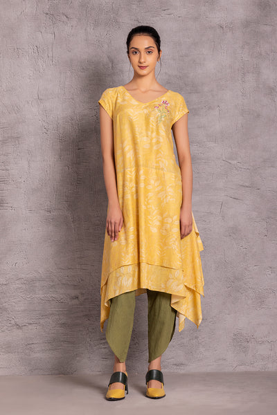 Yellow silk mulmul embroidered tunic (HB-19/KUR)