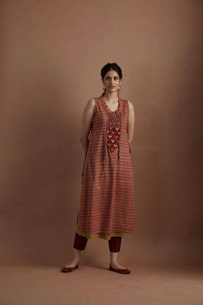Old rose & mustard printed & hand embroidered tunic (VEG-13/TNC)