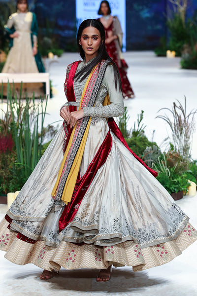 Grey Tussar Printed Angrakha  Set (  Mh-03/ang, Mh-03/skt, Mh-03/blt)