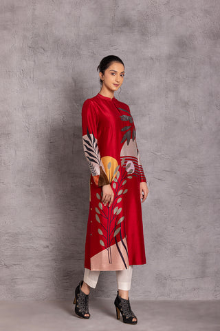 RED SILK CHANDERI PRINTED TUNIC (BCC-01)