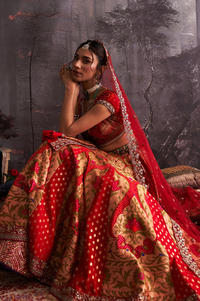 RED BANDHANI EMBROIDERED LEHENGA & DUPATTA  ( 2 PCS)