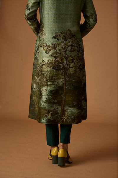 FOREST GREEN VISC. DUPION PRINTED TUNIC (BC-05)