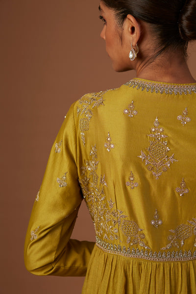 OLIVE TISSUE ANARKALI PAIRED WITH CHURIDAAR AND DUPATTA ( LS-16A)