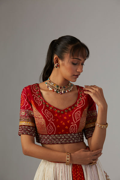 IVORY GAUZE CRINKLED LEHENGA SET WITH CHANDERI UNSTITCHED BLOUSE (BRM-25A))