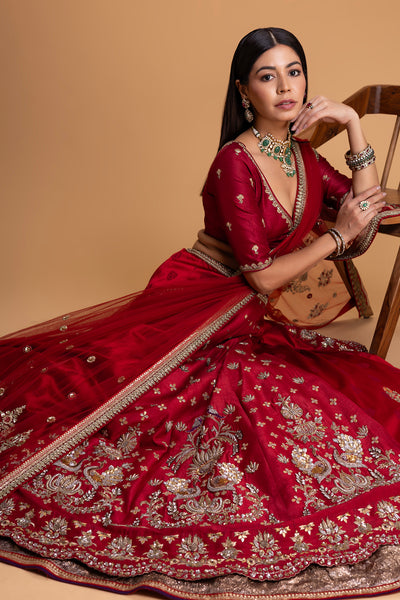 RED MUSHROO EMB LEHENGA SET (3 PCS)