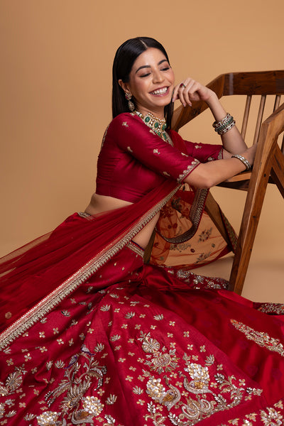 RED MUSHROO EMB LEHENGA SET (3 PCS)