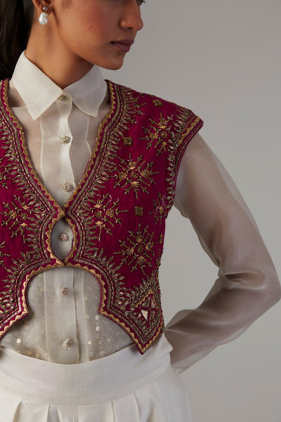 IVORY DUPION SILK SKIRT WITH SATIN SHIRT & FALSA JACKET ( 3 PCS)