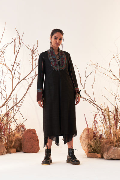 Black Viscose Dupion Embroidered Jacket Set (Sh-11/jkt)