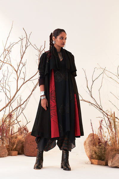 BLACK MELANGE WOOL EMBROIDERED TRENCH COAT (WLN-01/JKT)