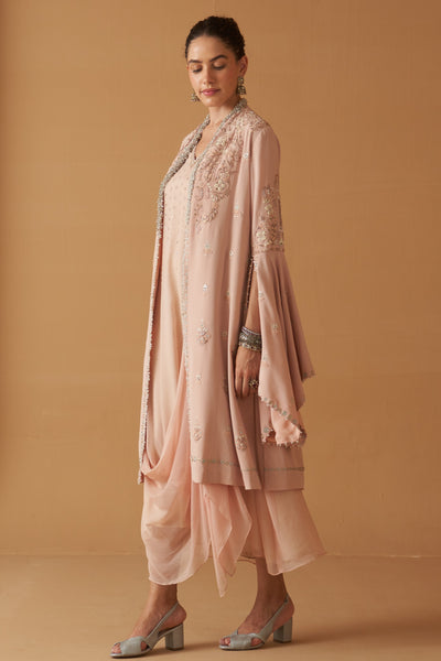 PEACH CREPE MOTI RESHAM  EMBROIDERED JACKET SET ( SE-03)