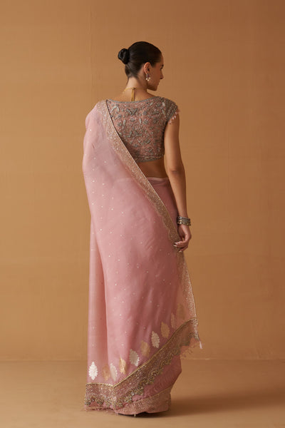OLD ROSE ORGANZA HAND ENBROIDERED SCALLOP SAREE SET (2 PCS)