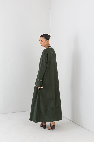 MOSS GREEN LONG EMBROIDERED MELANGE DRESS (1 PC)