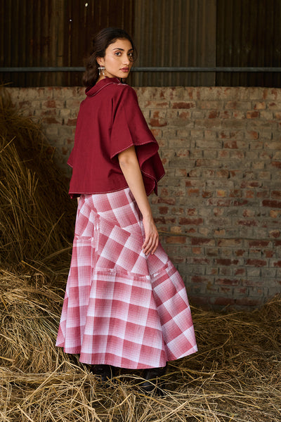 MAROON & WHITE COTTON CHECK SKIRT (CM-09A/SKT)