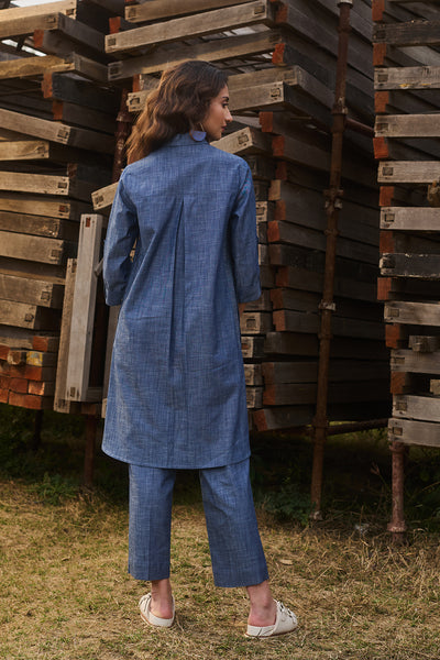 BLUE DENIM FLORAL HAND PAINTED SHIRT STYLE TUNIC WITH BLUE DENIM PANTS (CM-05/TNC, CM-05A/BTM)