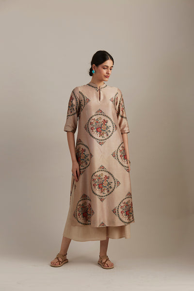 Beige silk chanderi bloomcycle printed tunic (SV-05/KUR)