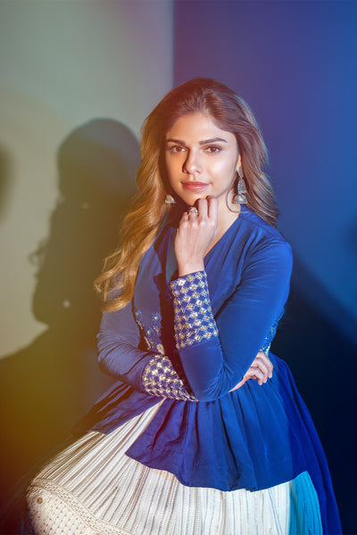ELECTRIC BLUE CREPE EMB. PEPLUM WITH IVORY GEO. EMB. SKIRT (FA-21A/PEP . FA21/SKT + CRN)