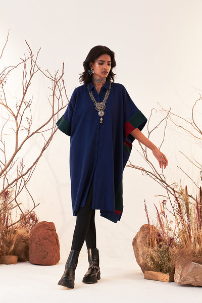 Blue Woolen Kaftan With Multicoloured Border (Wln-05/kaf)