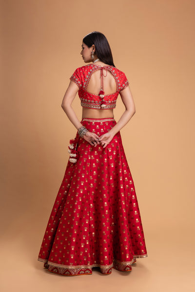 RED BROCADE LEHENGA SET (3 PCS)