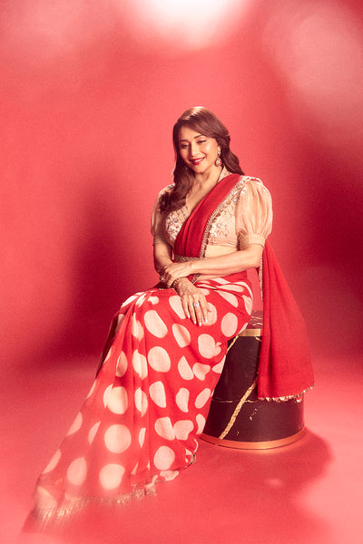 Red Polka Printed & Embroidered Sari Set (TL-10A)