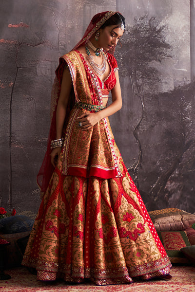 RED BANDHANI EMBROIDERED LEHENGA & DUPATTA  ( 2 PCS)