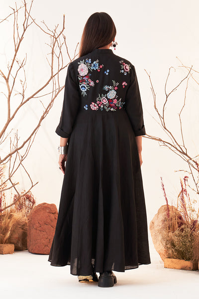 Black Linen Georgette Multicolour Emb. Anarkali Set (SH-12/ANG+BTM)