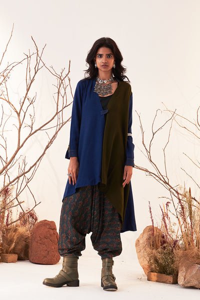 Blue & Mehendi Woolen High Low Wrap Jacket (WLN-04A/JKT)