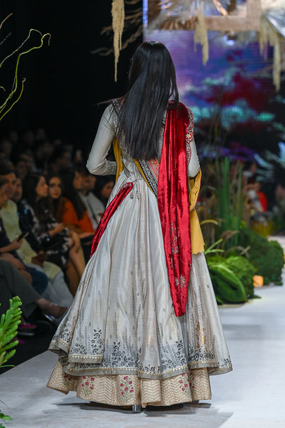 Grey Tussar Printed Angrakha  Set (  Mh-03/ang, Mh-03/skt, Mh-03/blt)