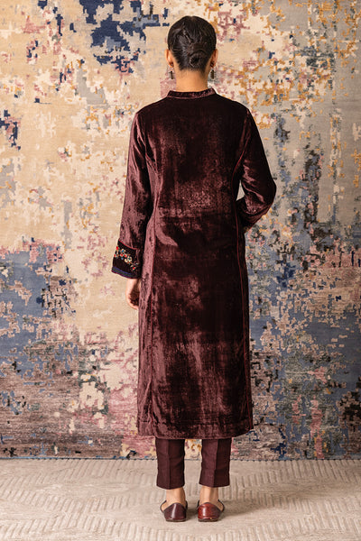 Brown Velvet Embroidered Front Panelled Tunic Set (Vt-12)
