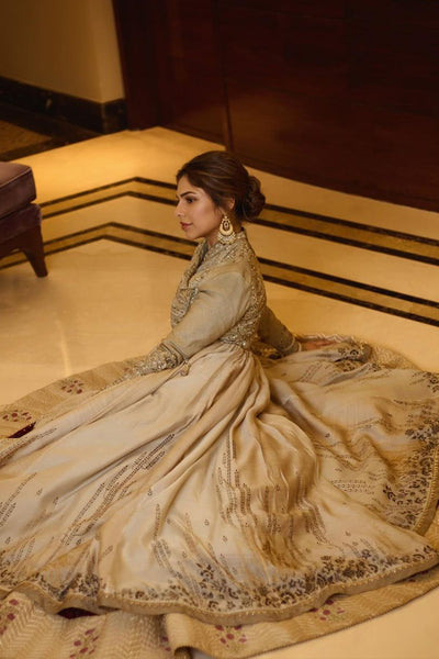 A TOOSH SILK DUPION EMBROIDERED  ANGARAKHA STYLED WITH TOOSH QUILTED AND EMBROIDERED CHANDERI SKIRT (MH-03)