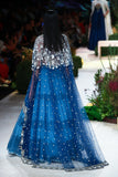 Cobalt Blue Tulle Net Emb. Cape With Powder Blue Geo. Tussar & Organza Tiered Skirt With Cobalt Blue Viscose Dupion Blouse (Fa-30/cape,fa-02a/skt, Fa-27e/bls)