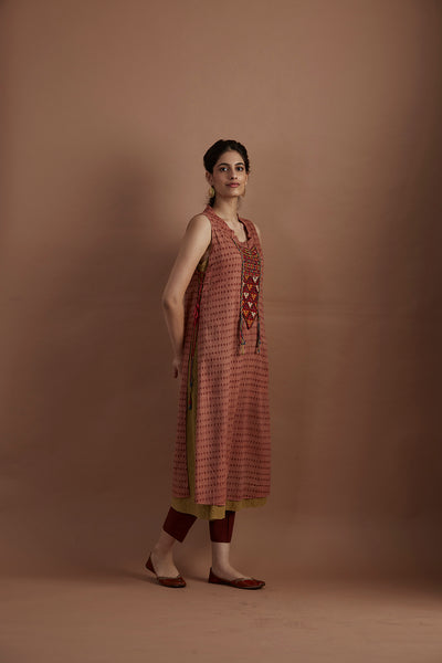 Old rose & mustard printed & hand embroidered tunic (VEG-13/TNC)