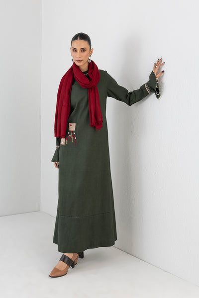 MOSS GREEN LONG EMBROIDERED MELANGE DRESS (1 PC)