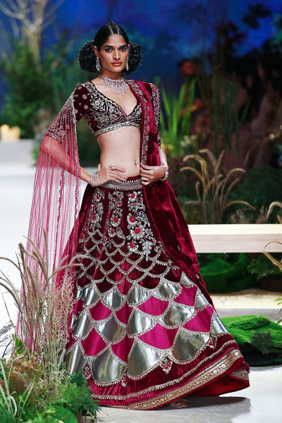 Ruby velvet emb. Blouse with phalsa dupion emb. Lehenga & falsa net dupatta  e-29/tl-122a/bls, tl-122b/dup, e-29/tl-122/leh)