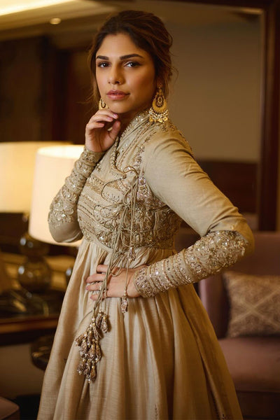 A TOOSH SILK DUPION EMBROIDERED  ANGARAKHA STYLED WITH TOOSH QUILTED AND EMBROIDERED CHANDERI SKIRT (MH-03)