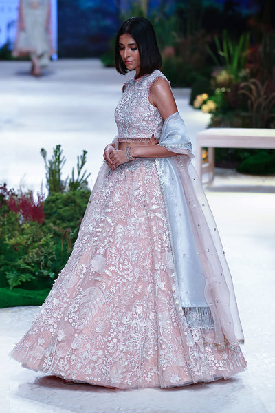 Blush 3d Emb. Tulle Net Crop Top With Lehenga And Old Rose Organza Dupaata, With Silver Organza  Emb. Dupatta ( Wd-03/skt +crn, Wd-03/dup, Wd-03a/bls, Wd-02d/dup)