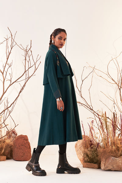 EMERALD GREEN MELANGE WOOL EMBROIDERED TRENCH COAT (WLN-01/JKT)