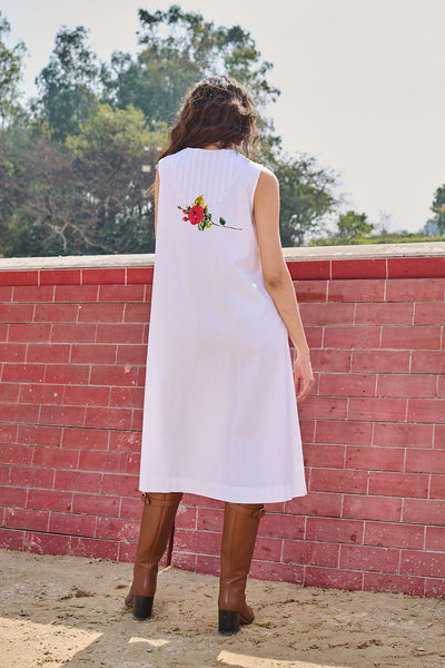 WHITE COTTON PINTUCK EMBROIDERED SLEEVELESS TUNIC (CM-01A/TNC)