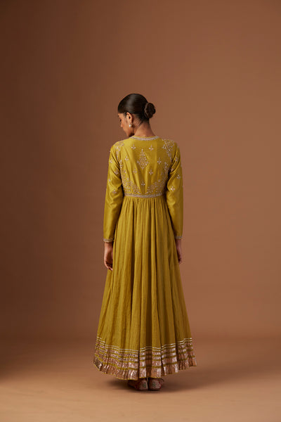 OLIVE TISSUE ANARKALI PAIRED WITH CHURIDAAR AND DUPATTA ( LS-16A)