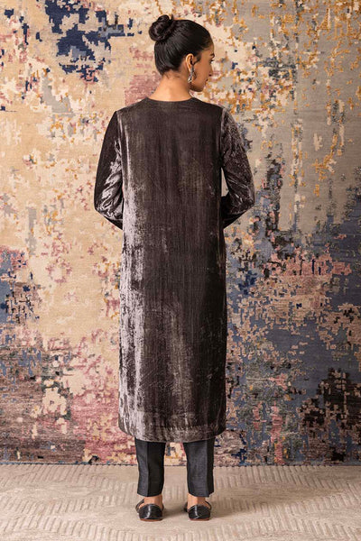 Cement Grey Velvet Embroidered Kurta Set(Vt-08)