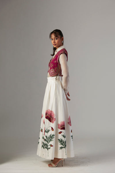 IVORY DUPION SILK SKIRT WITH SATIN SHIRT & FALSA JACKET ( 3 PCS)