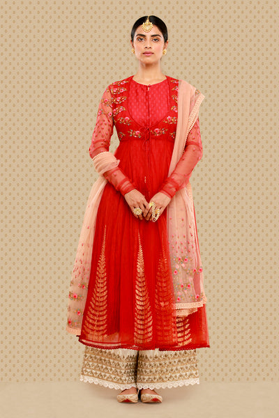 ATTRACTIVE RED EMBROIDERED ANARKALI, KURTI, IZHAAR & DUPATTA SET (BRM-37)