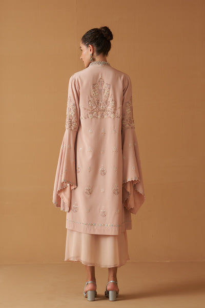 PEACH CREPE MOTI RESHAM  EMBROIDERED JACKET SET ( SE-03)