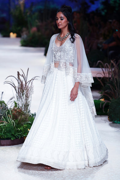 Ivory Emb. Blouse with Chikankari Lehenga and Tulle Net Cape (WD-01(BLOUSE), FA-27/LEH +CRN, FA-27C/CAPE)