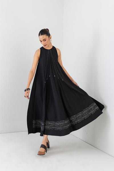 BLACK MELANGE LONG SLEEVELESS DRESS (1 PC)