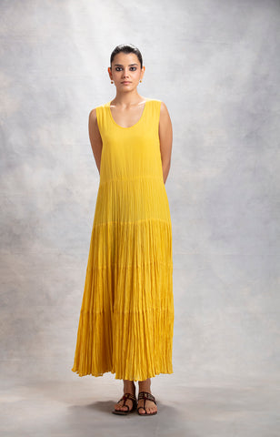 Yellow Cotton Mulmul Tiered Dress (LW-17/DRS)