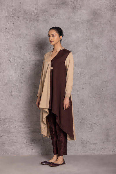 BEIGE & BROWN WOOLEN HIGH-LOW JACKET (WLN-04A)