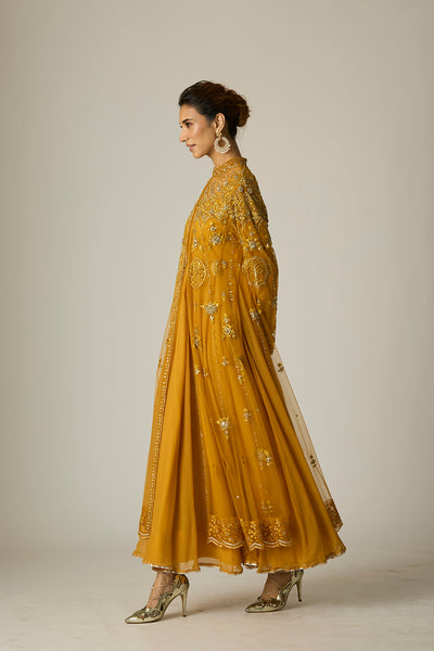 MUSTARD CHIFFON & TULLE EMBROIDERED JACKET SET (2 PCS)