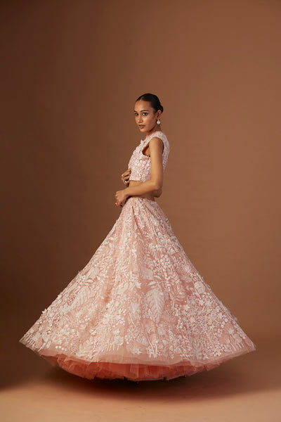 BLUSH TULLE NET 3D EMBROIDERY LEHENGA SET(4 PCS)