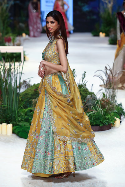 Yellow Viscose Dupion Scalloped Emb. Lehenga & Yellow Organza Emb. Dupatta (Sk-34b/dup Fa-56a/bls, Fa-56/leh)
